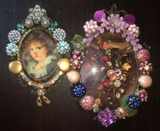 Vintage Italian Metal Picture Frames Embellished With Beads Brooch Rhinestones 2