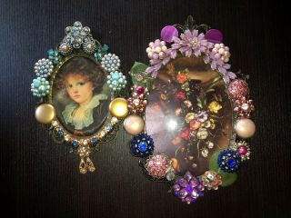 Vintage Italian Metal Picture Frames Embellished With Beads Brooch Rhinestones 3