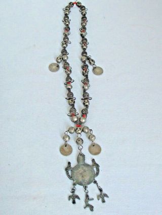 Vintage Guatemalan Traditional Necklace With Coins,  Coral And Silver Beads