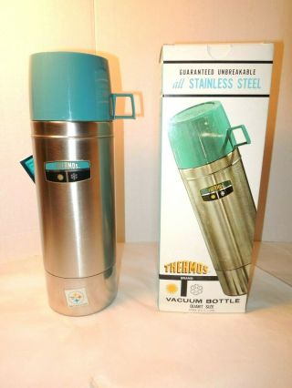 King Seeley 1 Quart Thermos 2464s Turquoise Lid 1965 W/ Box And Tag