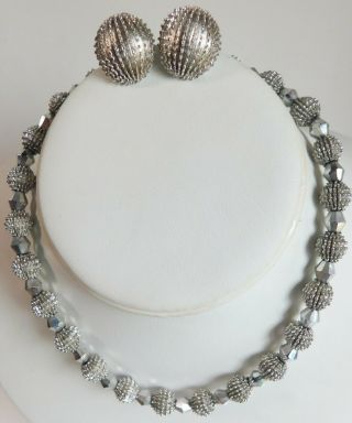 Vintage Crown Trifari Signed Silver Porcupine Bead Necklace & Clip On Earrings