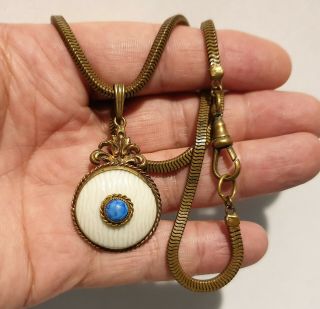 Antique Victorian White And Blue Glass Pendant Thick Snake Chain Necklace