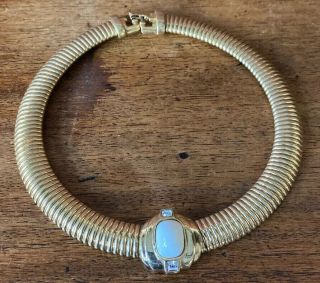 Vintage Givenchy Gold Omega Link Crystal And White Faux Stone Choker Necklace