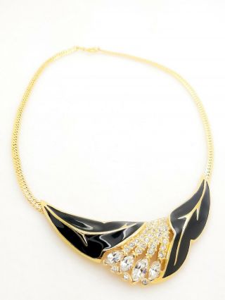 Vintage Art Deco Trifari Choker Gold & Black Enamel Pavé Rhinestone 16 " Necklace