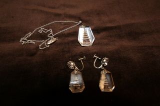 Vintage Japanese Silver Pagoda Pendant & Earrings Reversed Carved Glass Crystal
