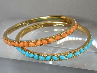 Vintage Kjl Kenneth J Lane Turquoise & Coral Color Cabochons Bangle Bracelets