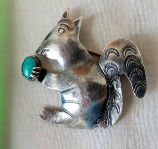 Vintage Antique Hand Crafted Sterling Silver Squirrel Pin With Turquoise Stone