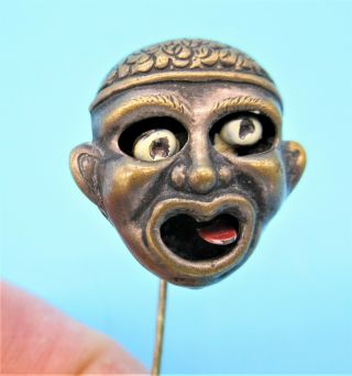Vintage Motion Stick Pin Exaggerated Black Face W/ Bug - Eyes & Protruding Tongue