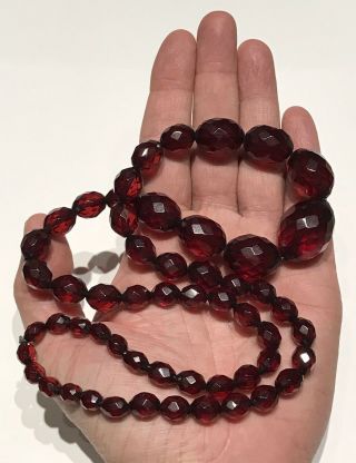 Vtg Faceted Cherry Amber Bakelite Bead Strand 26” Necklace 60 Grams