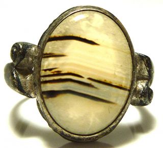Clark Coombs Art Deco Sterling Silver Oval Agate Flower Swirl Antique Ring