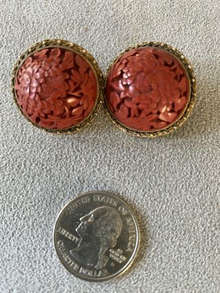 Antique Chinese Carved Cinnabar Red Pierced Earrings Vermeil Filigree