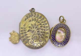 Antique Victorian Lockets - Enamel Mother Of Pearl Gilt Metal Locket X 3