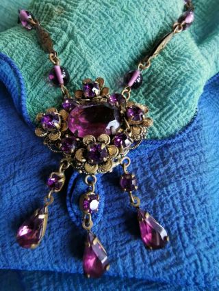 Vintage Art Deco Czech Filigree Metal Necklace With Purple Glass Paste Stones