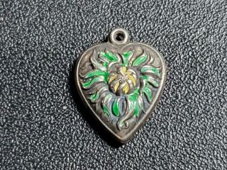 Vintage Sterling Silver Repousse Enamel Floral Puffy Heart Charm Bracelet