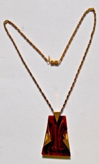 Vtg.  Trifari Crown Book Piece Lanvin Inspired Lucite And Gold Deco Necklace