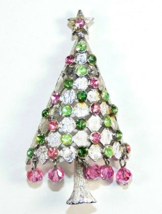 Vtg Signed Mylu Christmas Tree Brooch Pink Crystal Dangles Silver Tone Book Pc