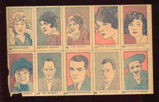 1926 W512 Strip Card Uncut Sheet Non - Sports W/ Jackie Coogan Eva Novak,
