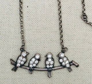 Vintage Catherine Popesco Silver Plated W/ Crystals Birds On Branch Necklace