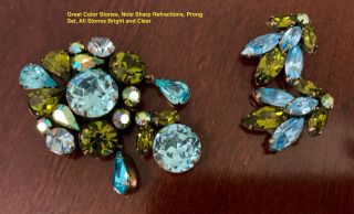 Vintage Signed Regency Demi Blue And Green Rhinestone Brooch & Earring Set