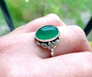 Vintage Silver Green Onyx Or Chrysoprase Floral Ring - Uk Size R 1/2