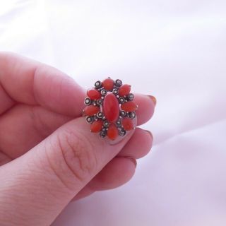Solid Silver Art Deco Period Natural Coral & Marcasite Cluster Ring,  835