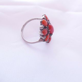 Solid silver art deco period natural coral & marcasite cluster ring,  835 2