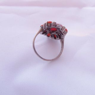 Solid silver art deco period natural coral & marcasite cluster ring,  835 3