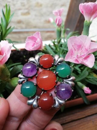 1930s Arts And Crafts Heart Shaped Leaves And Mixed Gemstones Brooch In Silver