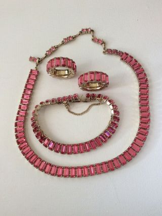 Vintage Rhinestone Set Necklace,  Bracelet And Earrings Pink Rhinestones