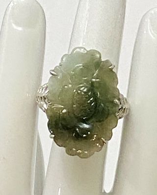 Vintage Carved Flower Green Jade Sterling Silver Adjustable Ring