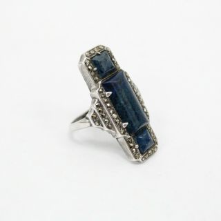 Sterling Silver Marcasite with Lapis Lazuli Art Deco Vintage Ring Size 8 2