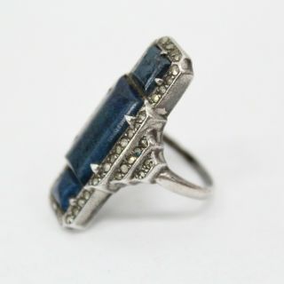 Sterling Silver Marcasite with Lapis Lazuli Art Deco Vintage Ring Size 8 3