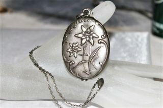 Large Art Nouveau Sterling Silver Repousse Swivel Mirror Pendant Necklace