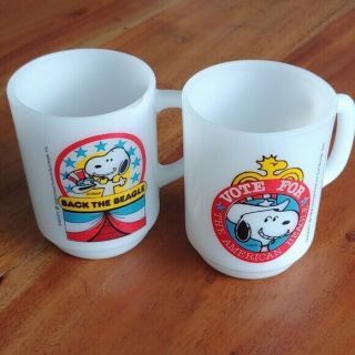 Vintage Anchor Hocking Fire King Milk Glass Vote For Snoopy Mugs