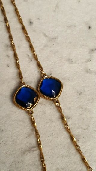 Vintage Signed Accessocraft Nyc Blue Glass Bezel Set 47” Long Chain Necklace