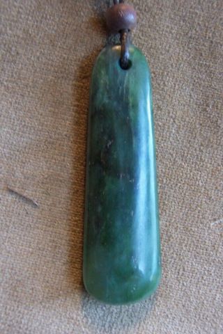 Maori Nephrite Jade - Green Stone Traditional Pendant - 3 & 1/4 " Woven Cord