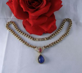 Vintage Grosse Germany Red Blue Rhinestone Gold Tone Necklace Cat Rescue