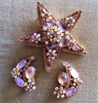 Large Weiss Star And Moon Multi Rhinestone Brooch And Earring Set