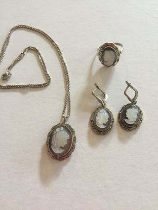 Mother Of Pearl Cameo,  800 Silver,  Marcasite Pendant/necklace,  Earrings And Ring