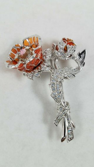 Nolan Miller Enamel Flower Crystal Brooch Pin Costume Jewelry