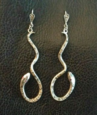Antique Sterling Silver Earrings Snake Marcasite Ruby Eyes 2.  75 " 7.  6g 925 530