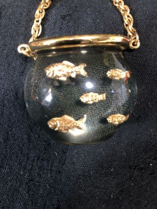 Vintage Lucite Goldfish Bowl Fish Bowl Gold Tone Necklace Mid Century