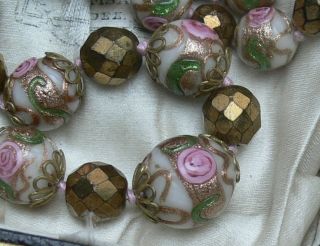 Art Deco Venetian Glass Wedding Cake Pink Roses Gold & Green Beads Necklace