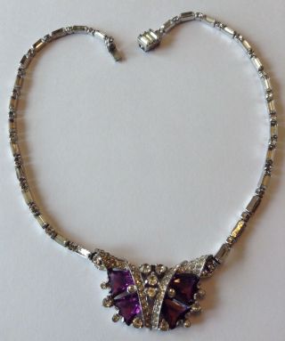 Vintage Bogoff Signed Purple And Clear Rhinestone Necklace