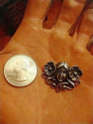 Old Vintage Sterling Silver Art Nouveau Lady Face Flower Pendant