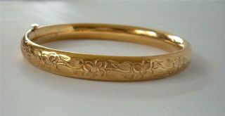 Vintage Carl Art Gold Filled Hinged Bangle Bracelet Etched Floral Flowers Design