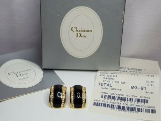 Vintage Christian Dior Gold - Tone Black Enamel & Rhinestone Clip - On Earrings &box