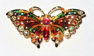 Joan Rivers Butterfly Brooch Plique A Jour Stained Glass Multi Color 3 1/8 " Wide