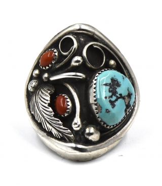 Southwestern Navajo Turquoise Coral Ring Sterling Silver Size 7.  25 Steven Yazzie