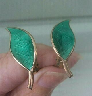 Norwegian Sterling Silver & Green Enamel Leaf Earrings - David Andersen Norway